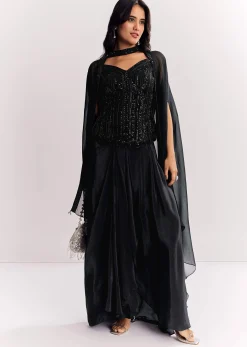 Black Organza Cape Suit With Sequins And Cutdana Embroidered Top