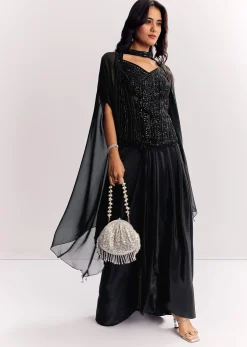 Black Organza Cape Suit With Sequins And Cutdana Embroidered Top