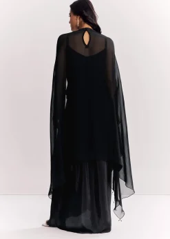 Black Organza Cape Suit With Sequins And Cutdana Embroidered Top