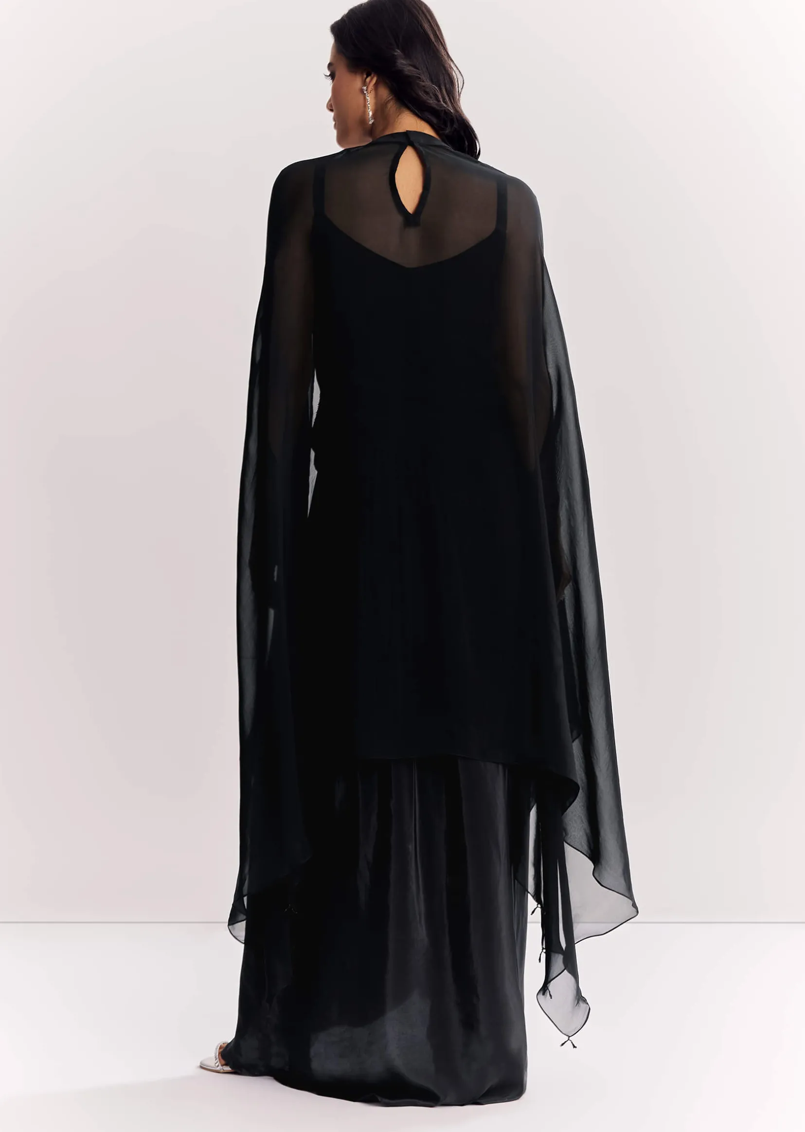 Black Organza Cape Suit With Sequins And Cutdana Embroidered Top