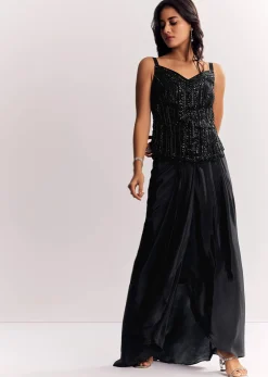 Black Organza Cape Suit With Sequins And Cutdana Embroidered Top