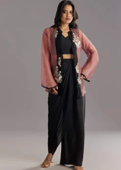 Black Organza Jacket and Satin Dhoti Palazzo Set With Zardosi Embroidery