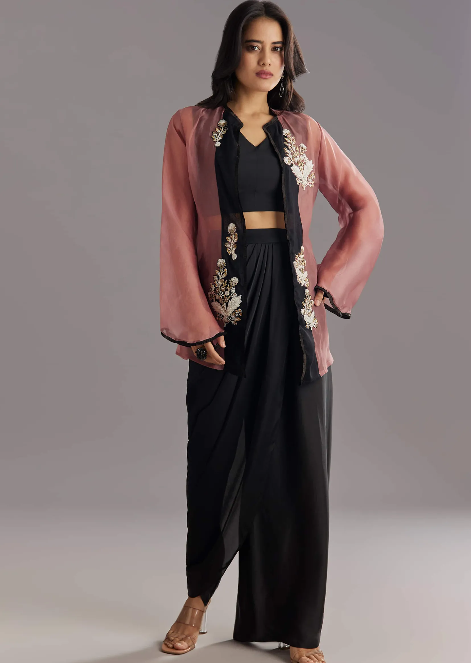 Black Organza Jacket and Satin Dhoti Palazzo Set With Zardosi Embroidery