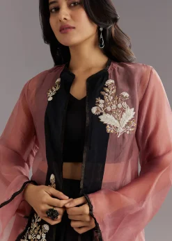 Black Organza Jacket and Satin Dhoti Palazzo Set With Zardosi Embroidery