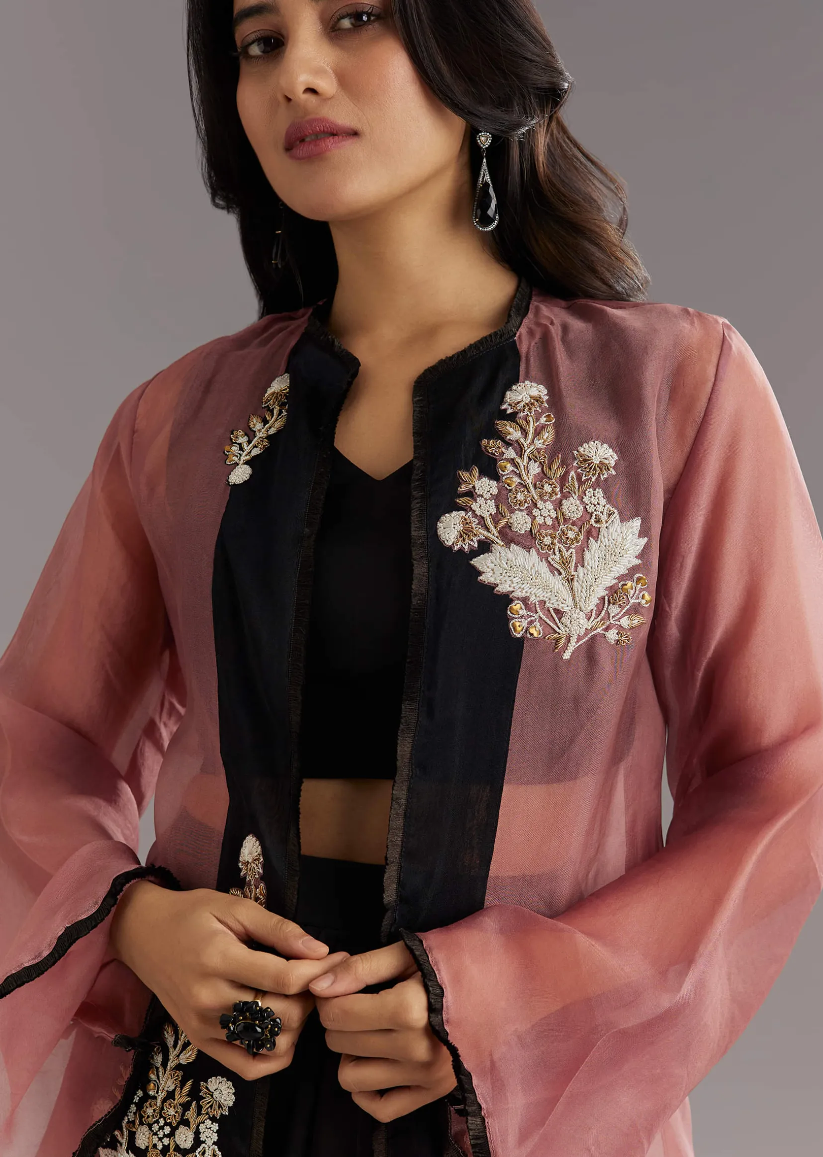 Black Organza Jacket and Satin Dhoti Palazzo Set With Zardosi Embroidery