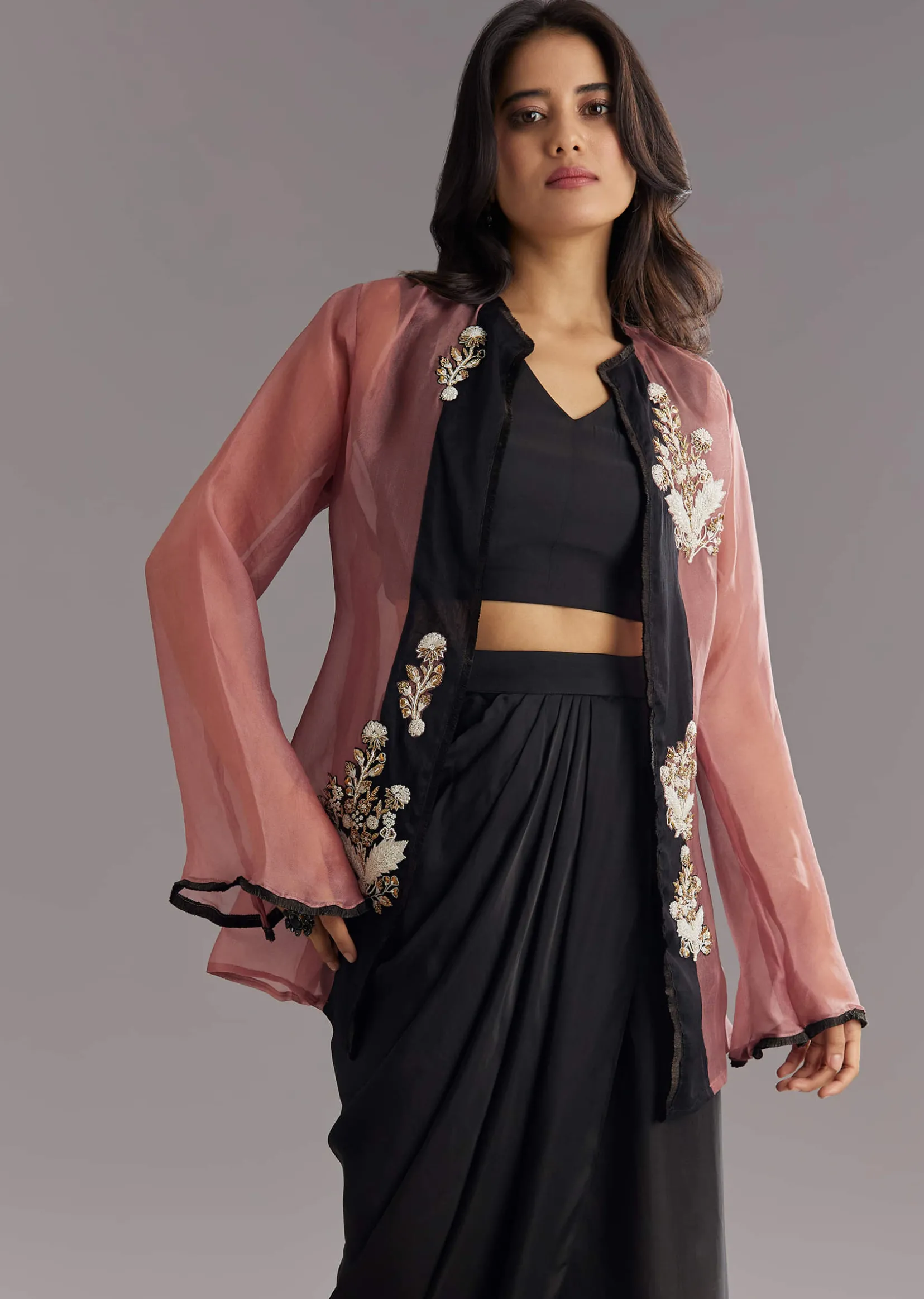 Black Organza Jacket and Satin Dhoti Palazzo Set With Zardosi Embroidery