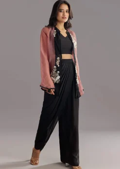 Black Organza Jacket and Satin Dhoti Palazzo Set With Zardosi Embroidery