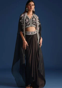 Black Organza Jacket With Embroidered Crop Top And Draped Skirt