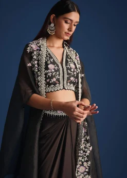 Black Organza Jacket With Embroidered Crop Top And Draped Skirt