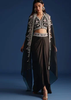 Black Organza Jacket With Embroidered Crop Top And Draped Skirt