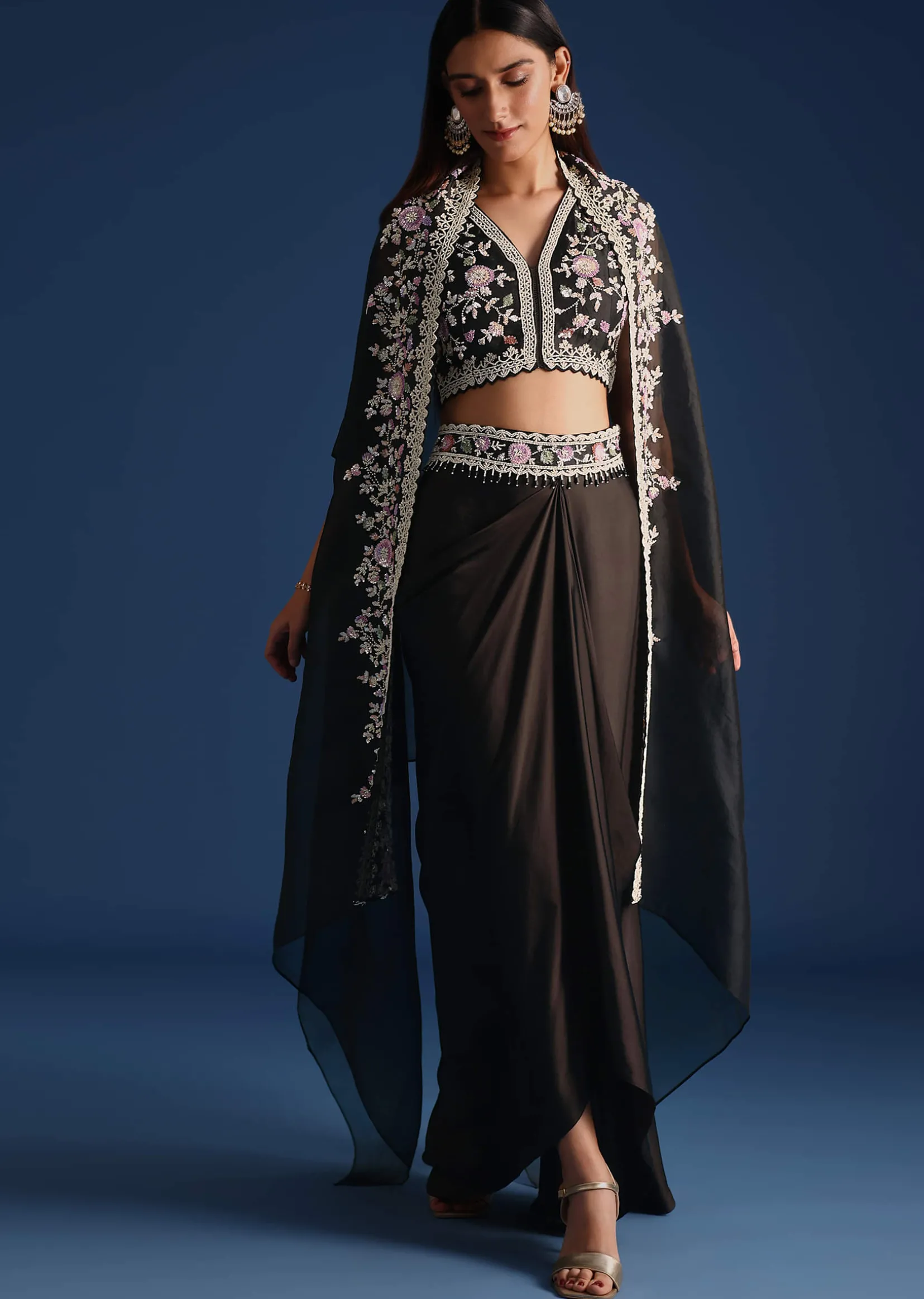 Black Organza Jacket With Embroidered Crop Top And Draped Skirt