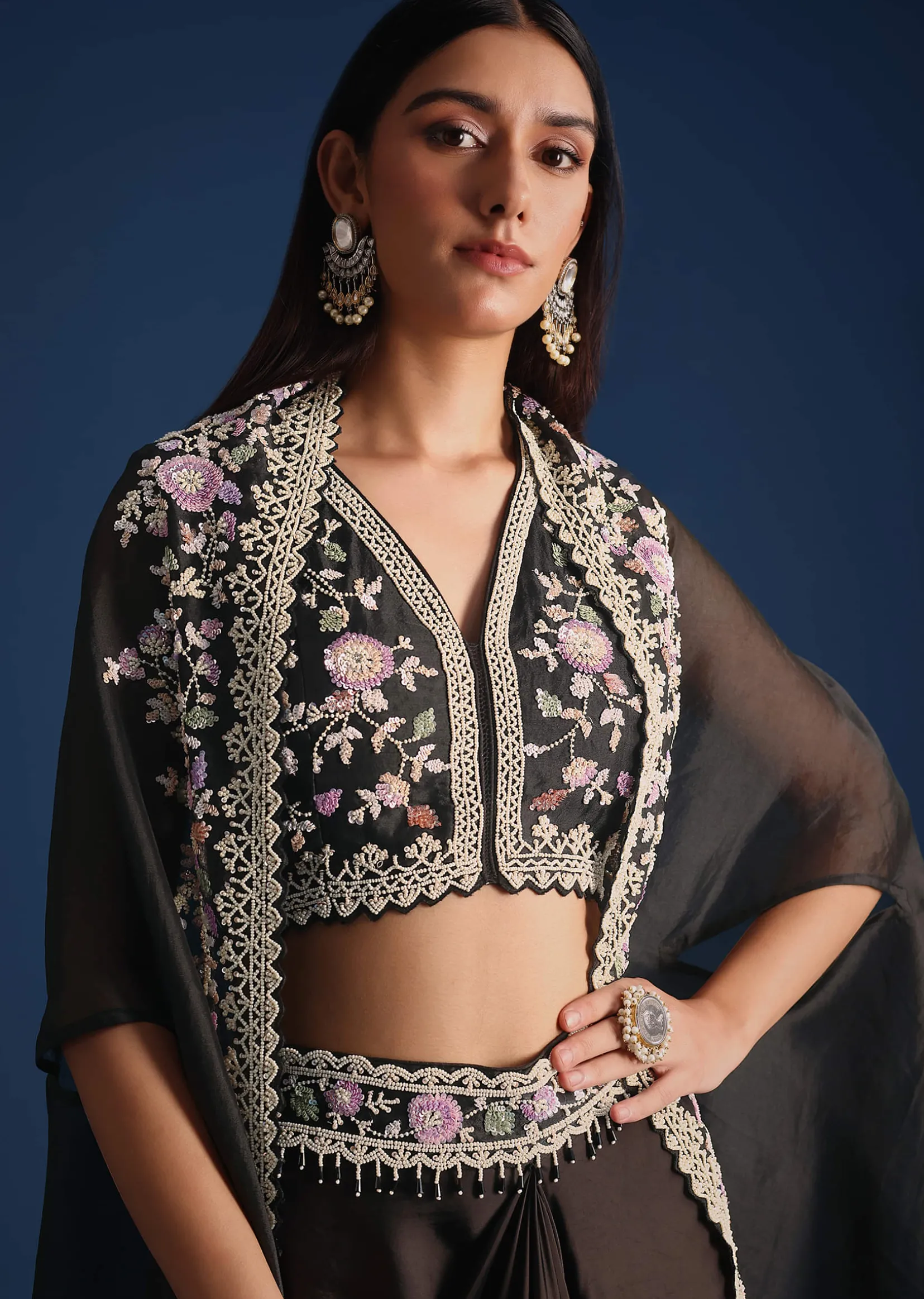 Black Organza Jacket With Embroidered Crop Top And Draped Skirt