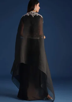 Black Organza Jacket With Embroidered Crop Top And Draped Skirt
