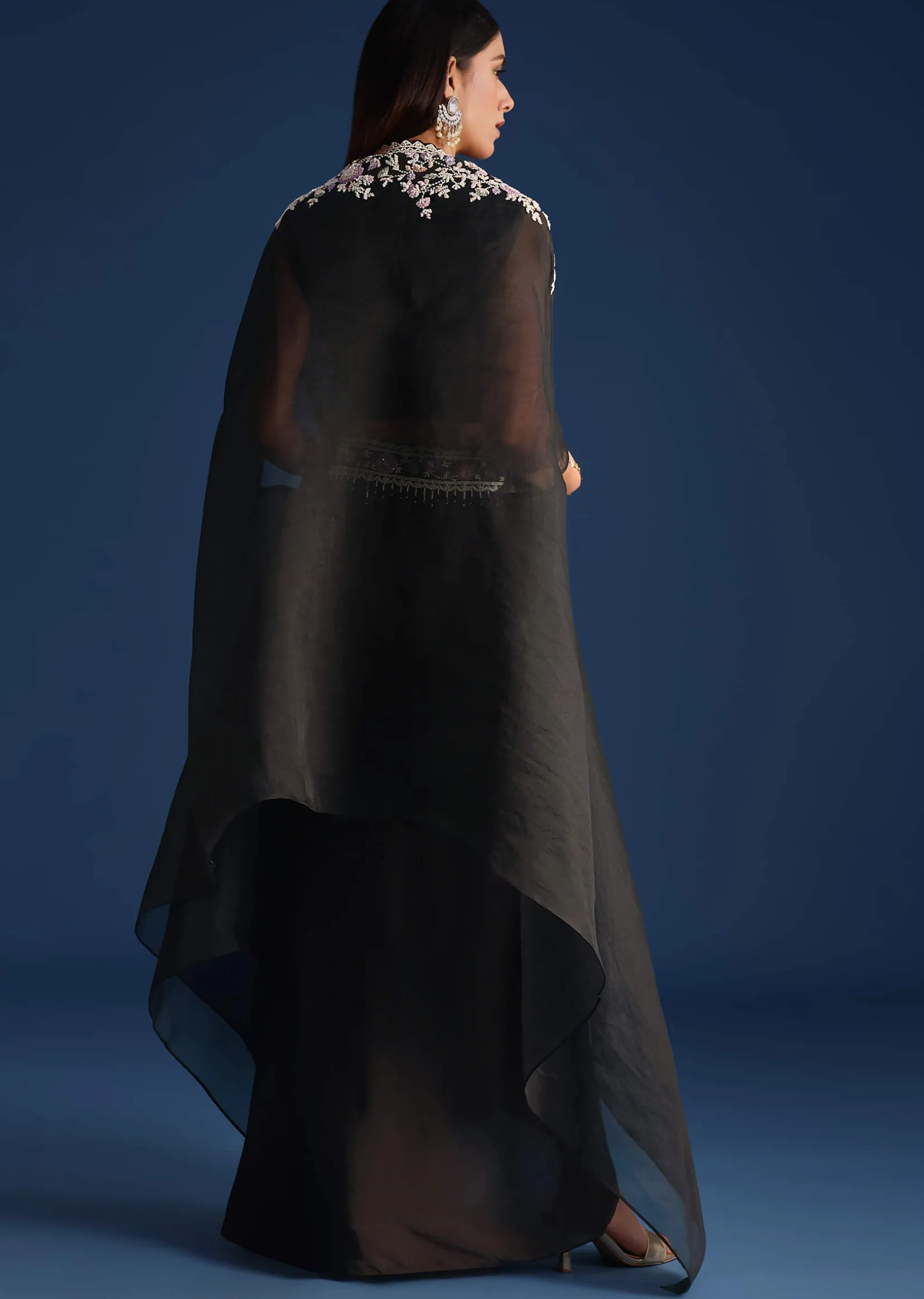 Black Organza Jacket With Embroidered Crop Top And Draped Skirt