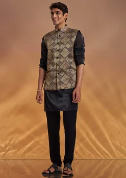 Black Organza Kurta Jacket Set With Self Embroidery