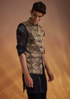 Black Organza Kurta Jacket Set With Self Embroidery