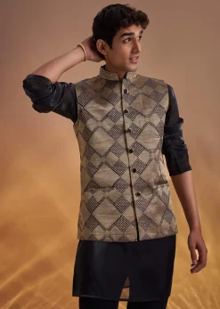 Black Organza Kurta Jacket Set With Self Embroidery