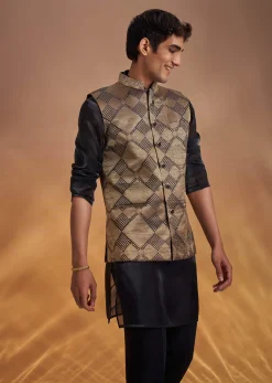 Black Organza Kurta Jacket Set With Self Embroidery