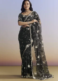 Black Organza Saree With All Over Floral Jaal Embroidery