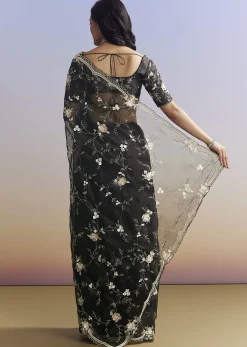 Black Organza Saree With All Over Floral Jaal Embroidery