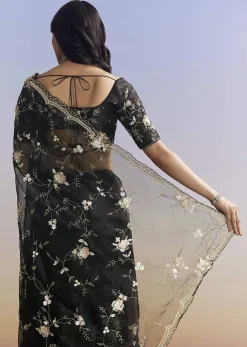 Black Organza Saree With All Over Floral Jaal Embroidery