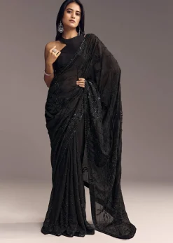 Black Organza Saree With Beaded Geometric Embroidery