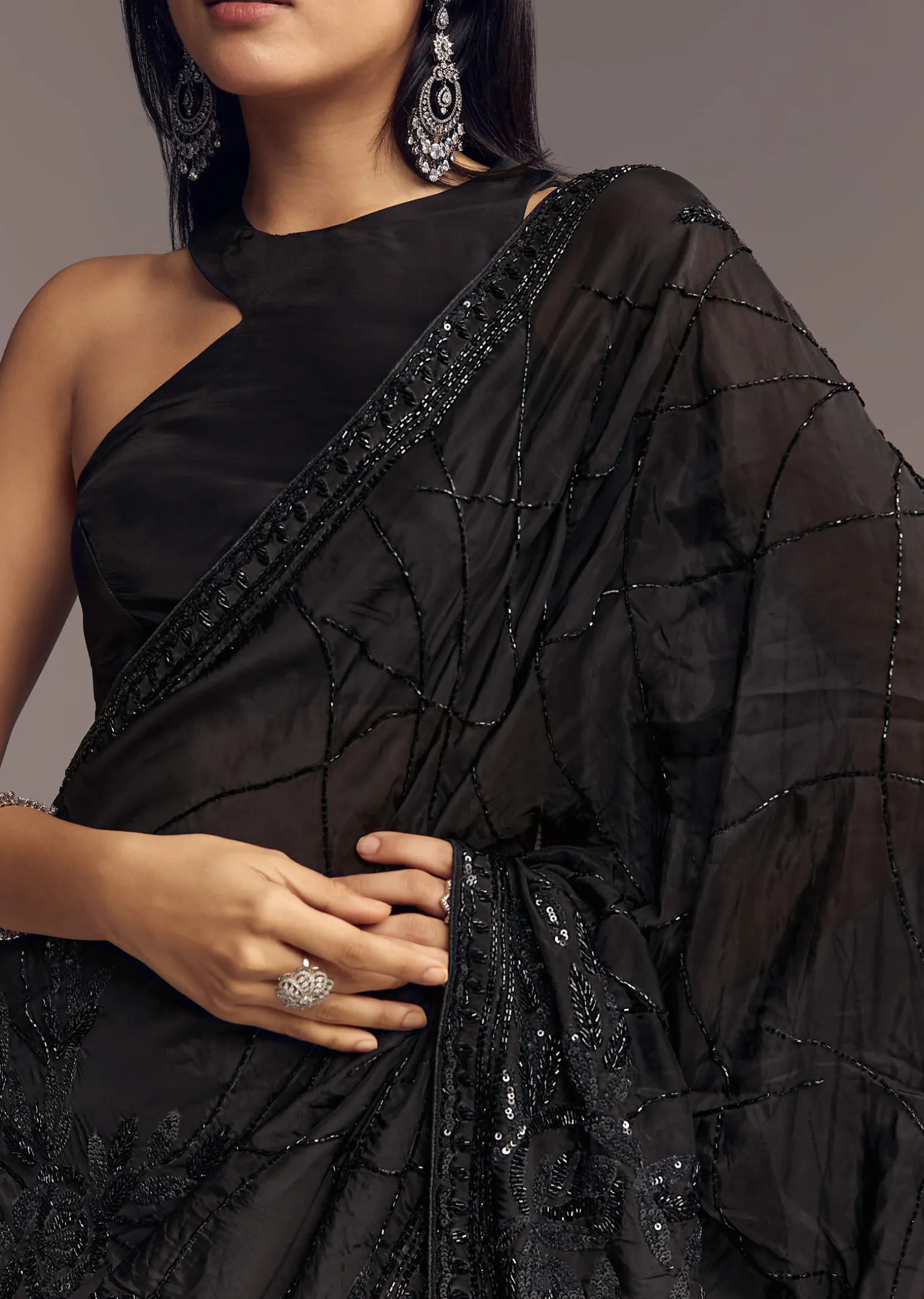 Black Organza Saree With Beaded Geometric Embroidery