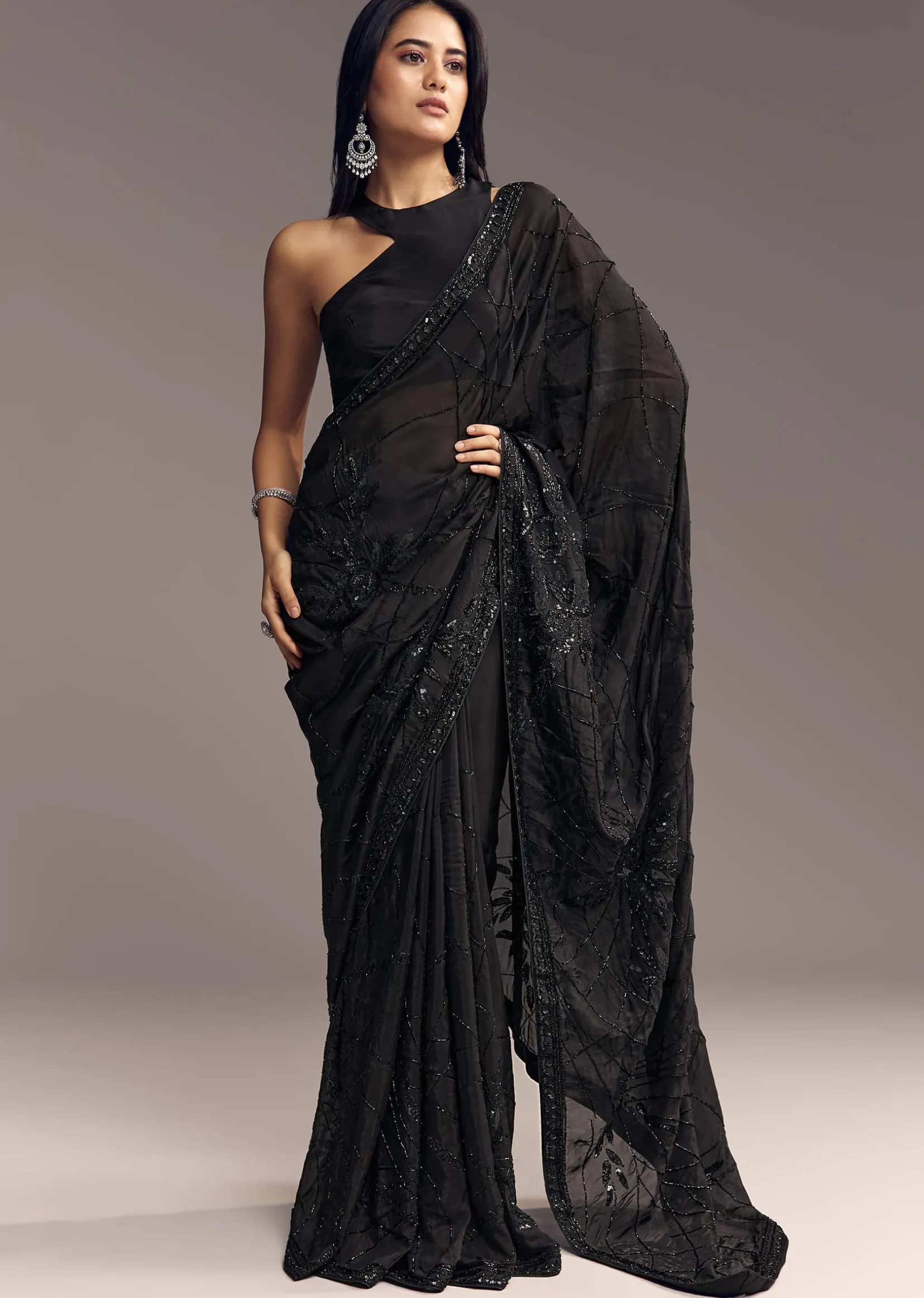 Black Organza Saree With Beaded Geometric Embroidery