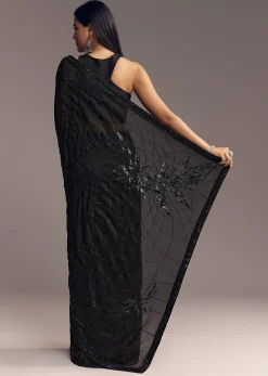 Black Organza Saree With Beaded Geometric Embroidery