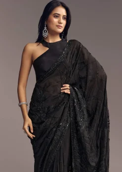 Black Organza Saree With Beaded Geometric Embroidery