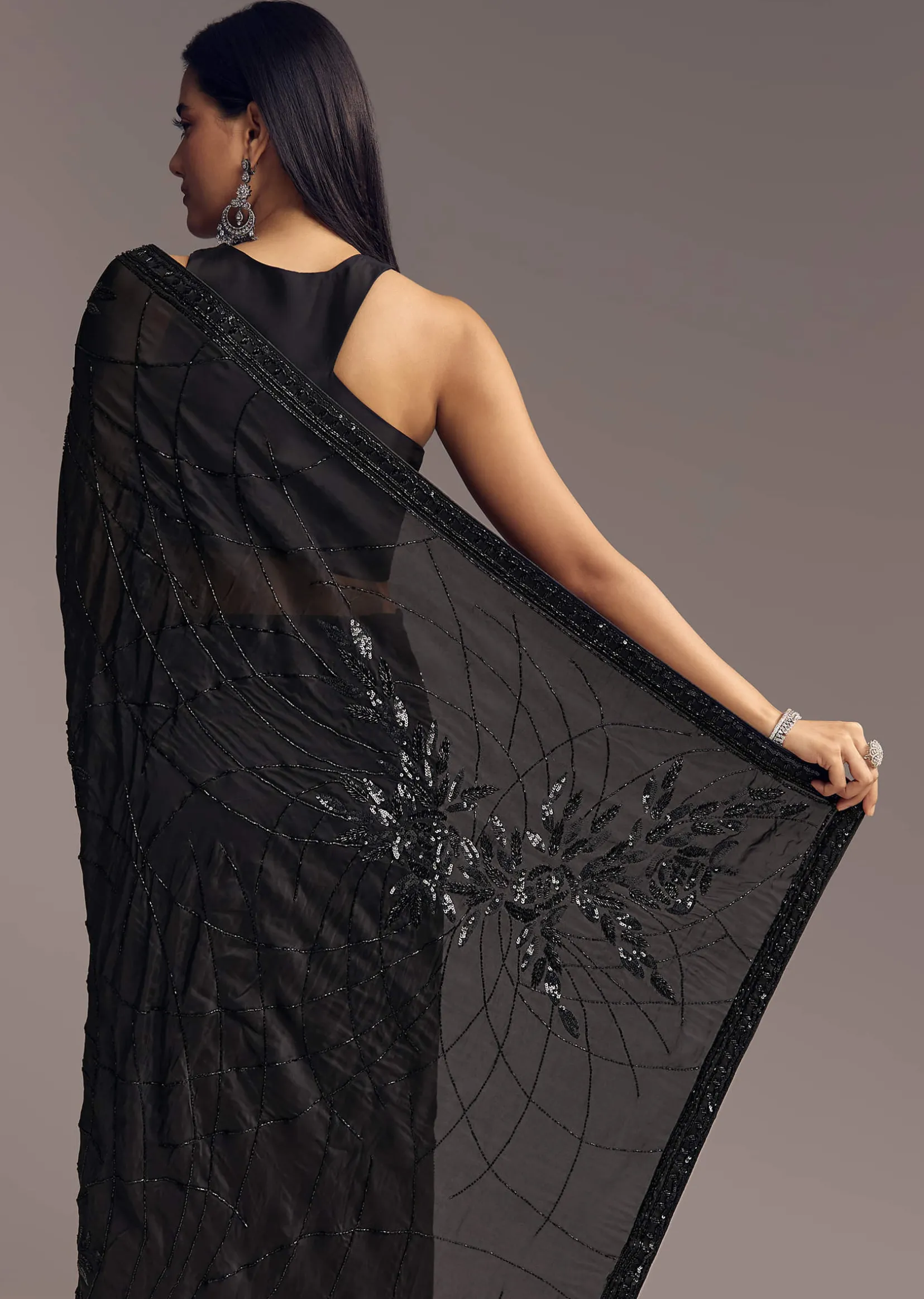 Black Organza Saree With Beaded Geometric Embroidery