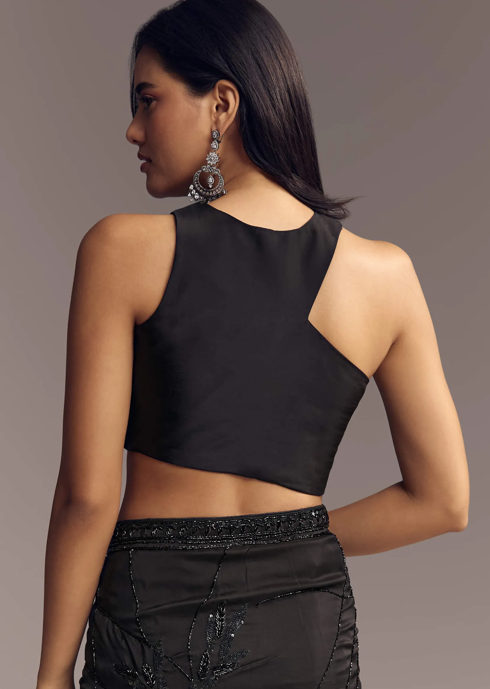 Black Organza Saree With Beaded Geometric Embroidery