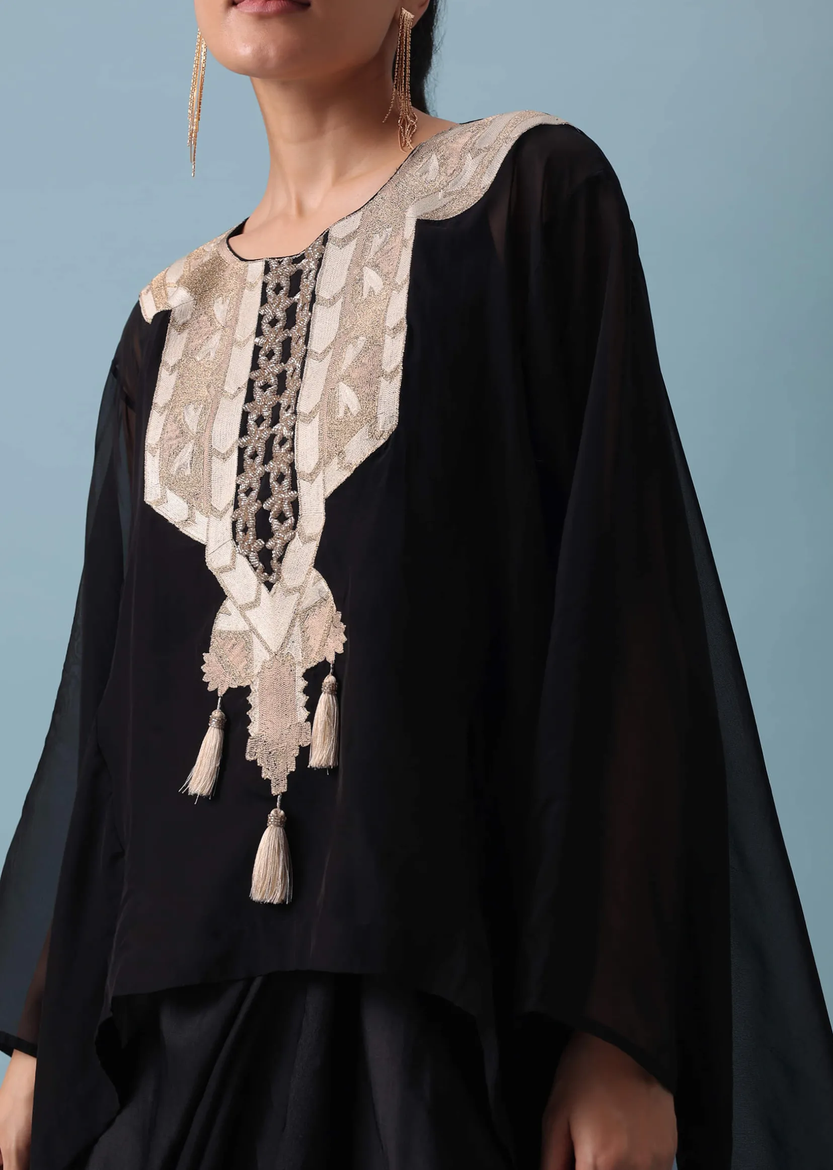 Black Organza Top And Dhoti Set with Zari Work