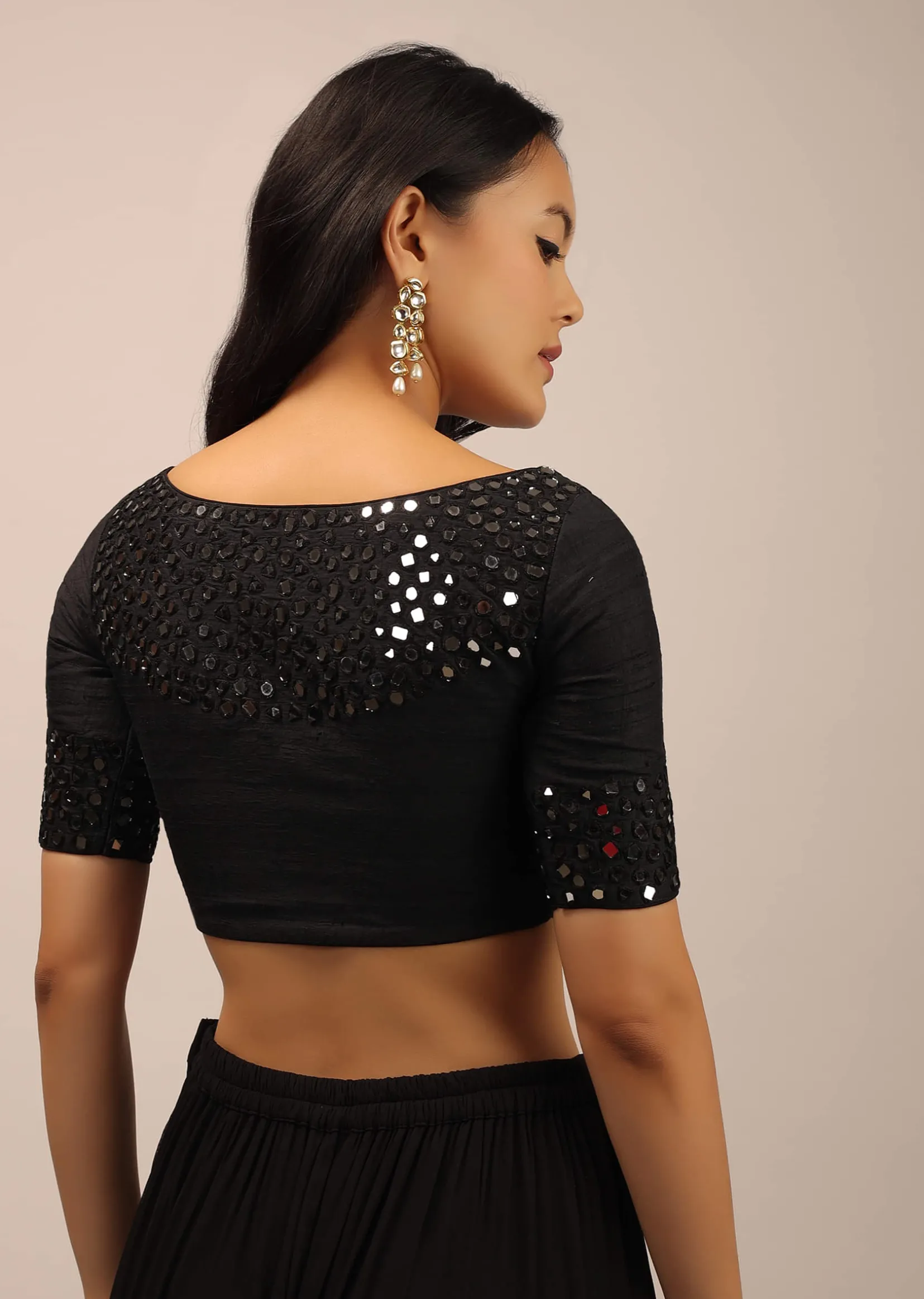 Black Padded Blouse With Mirror Work And Half Sleeves