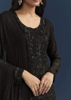 Black Pakistani Palazzo Suit With Sequins Embellished Kurta And Dupatta