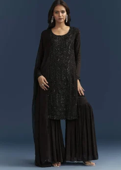 Black Pakistani Palazzo Suit With Sequins Embellished Kurta And Dupatta