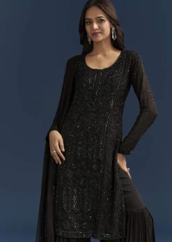 Black Pakistani Palazzo Suit With Sequins Embellished Kurta And Dupatta