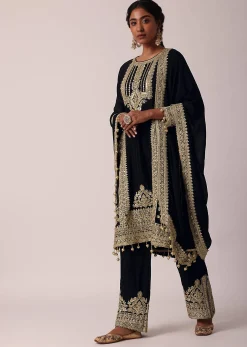 Black Pant Set In Chiffon With Zardozi Work Kurta