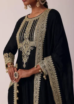 Black Pant Set In Chiffon With Zardozi Work Kurta