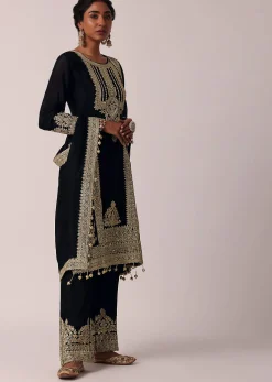 Black Pant Set In Chiffon With Zardozi Work Kurta