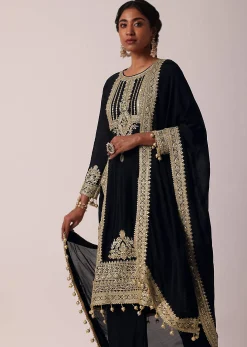Black Pant Set In Chiffon With Zardozi Work Kurta
