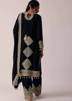 Black Pant Set In Chiffon With Zardozi Work Kurta