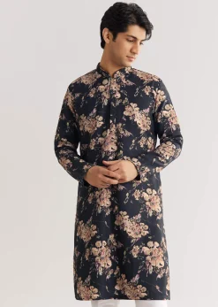 Black Pashmina Floral Kurta Set With Sequin And Beaded Embroidery