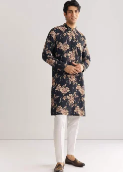 Black Pashmina Floral Kurta Set With Sequin And Beaded Embroidery