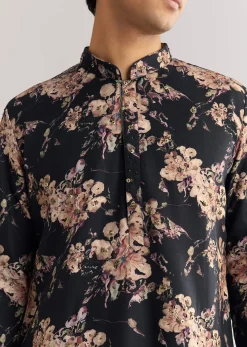 Black Pashmina Floral Kurta Set With Sequin And Beaded Embroidery