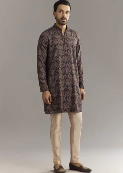 Black Pashmina Silk Kurta Set With Vine Prints