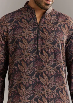 Black Pashmina Silk Kurta Set With Vine Prints