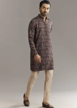 Black Pashmina Silk Kurta Set With Vine Prints