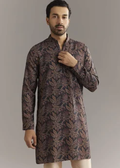 Black Pashmina Silk Kurta Set With Vine Prints