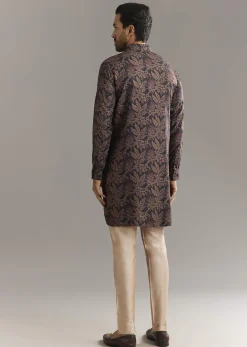 Black Pashmina Silk Kurta Set With Vine Prints